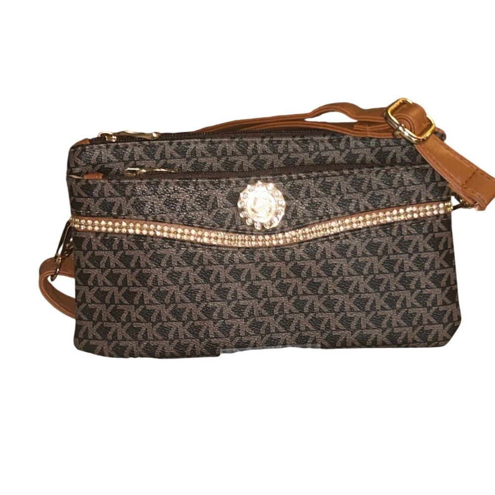 Monogram Print Triple Zip Crossbody Bag Brown Rhinestone Accent Adjustable Strap